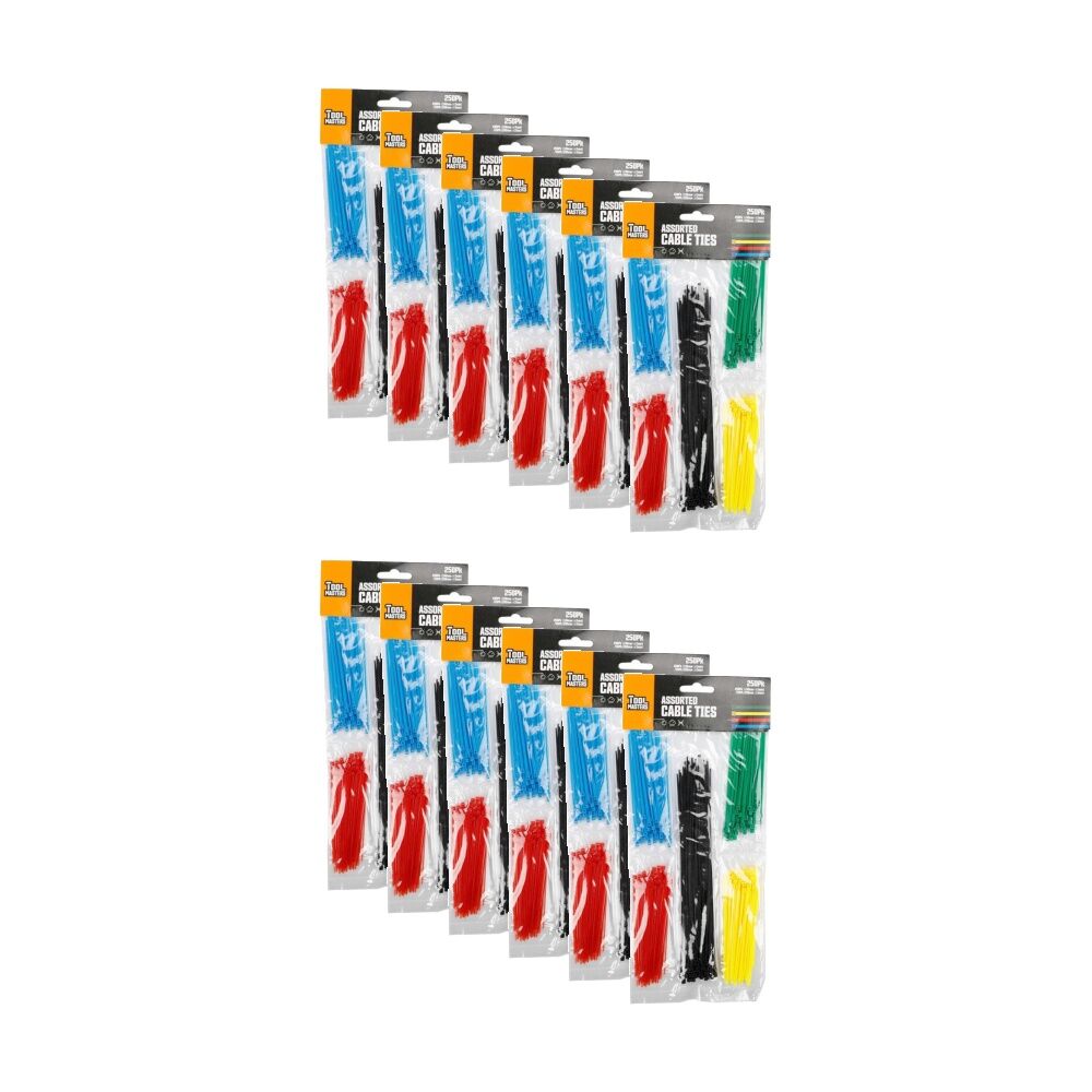12x 250pc Tool Masters Heavy Duty Electrical Cable Ties Multi Colour