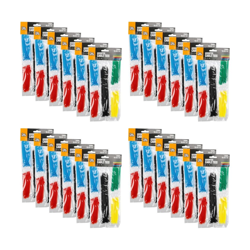 24x 250pc Tool Masters Heavy Duty Electrical Cable Ties Multi Colour