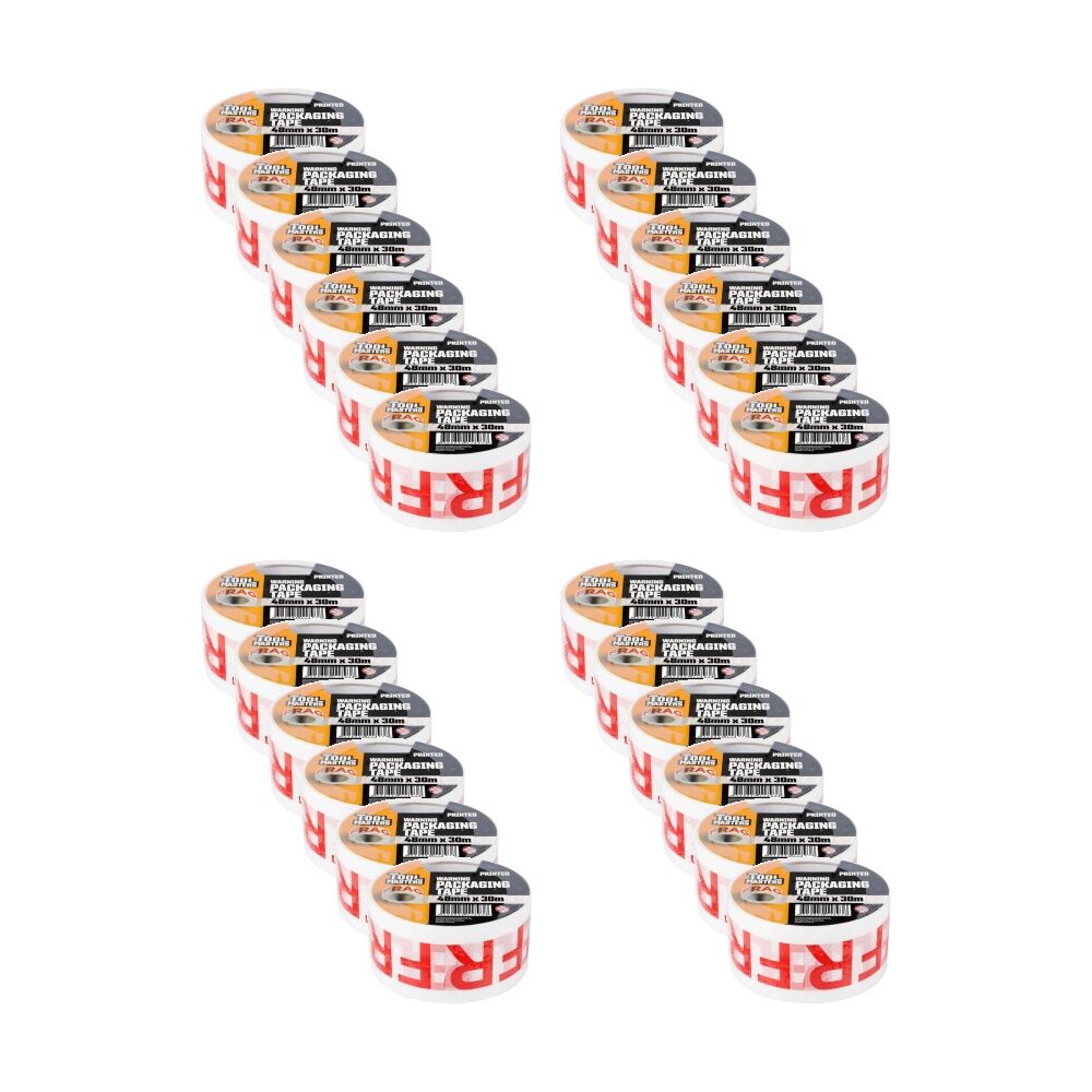 24PK Tool Masters Warning Fragile Printed Packaging Tape Roll 48mm x 30m