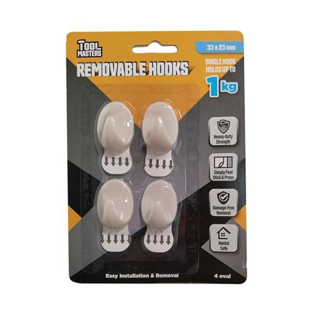 12x 4pc Tool Masters Removeable Oval Hooks Set Holds 1kg 33x23mm White