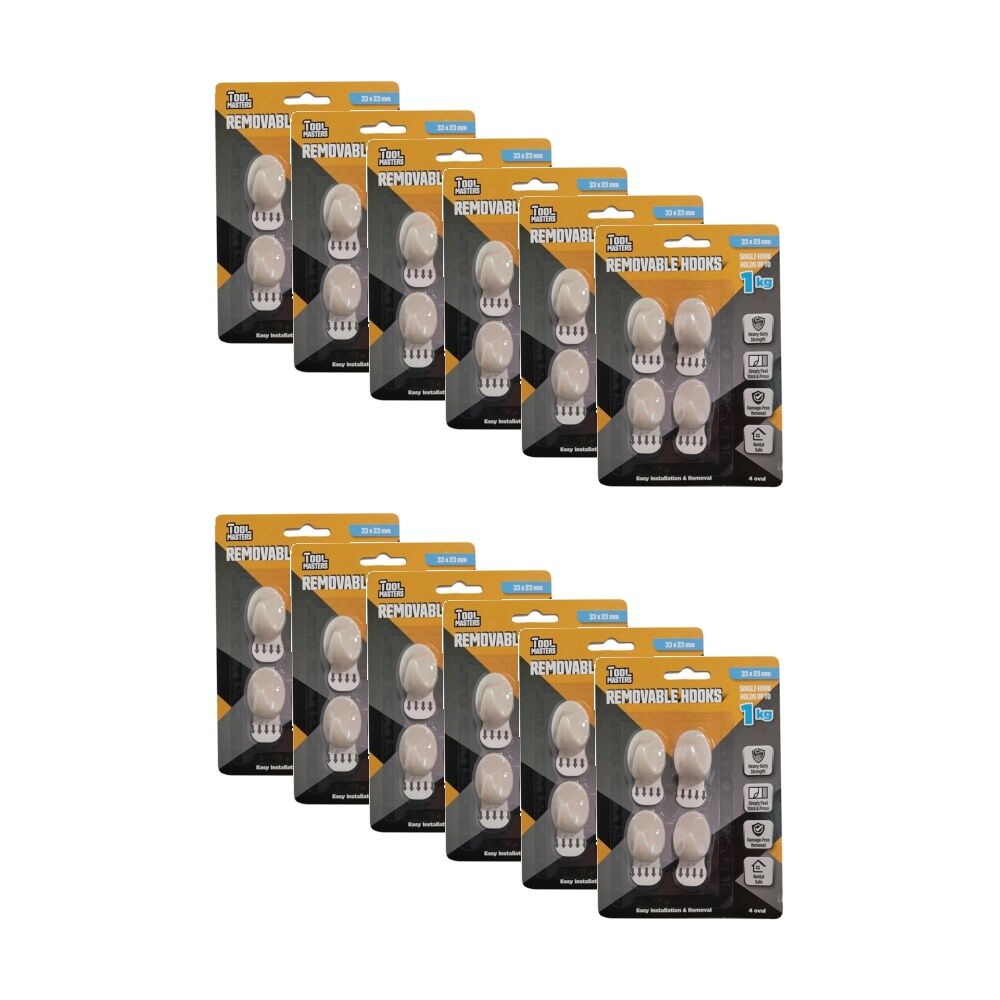 12x 4pc Tool Masters Removeable Oval Hooks Set Holds 1kg 33x23mm White