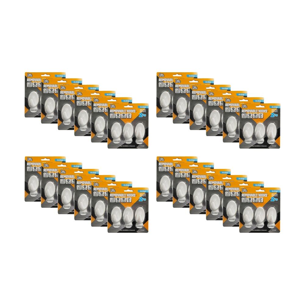 24x 3pc Tool Masters Removeable Oval Hooks Set Holds 2kg 53x33mm White