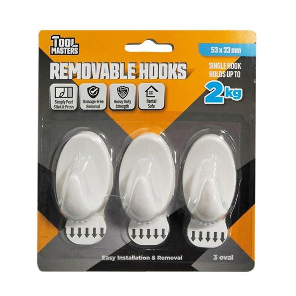 24x 3pc Tool Masters Removeable Oval Hooks Set Holds 2kg 53x33mm White
