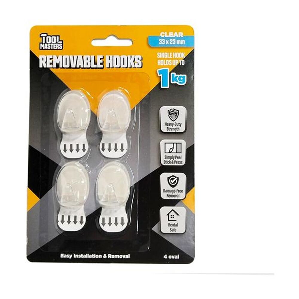 12x 4pc Tool Masters Removeable Oval Hooks Set Holds 1kg 33x23mm Clear