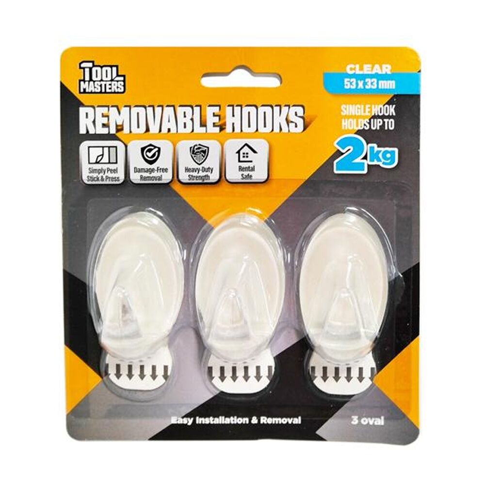 12x 3pc Tool Masters Removeable Oval Hooks Set Holds 2kg 53x33mm Clear