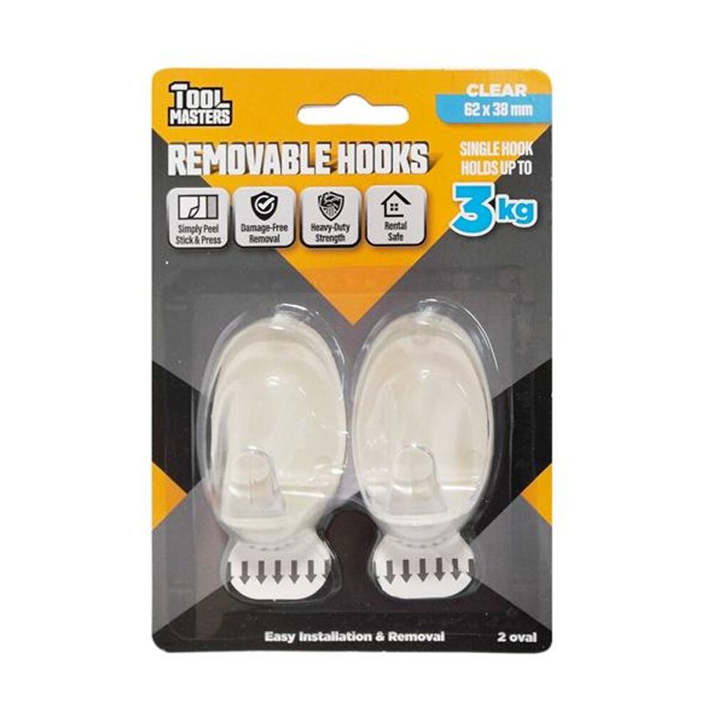 12x 2pc Tool Masters Removeable Oval Hooks Set Holds 3kg 62x38mm Clear