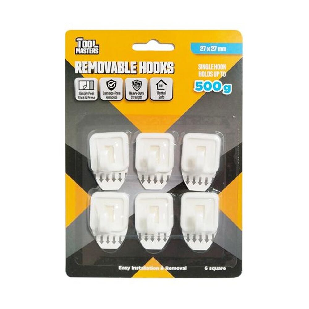 12x 6pc Tool Masters Removeable Square Hooks Set Holds 500g 27x27mm White