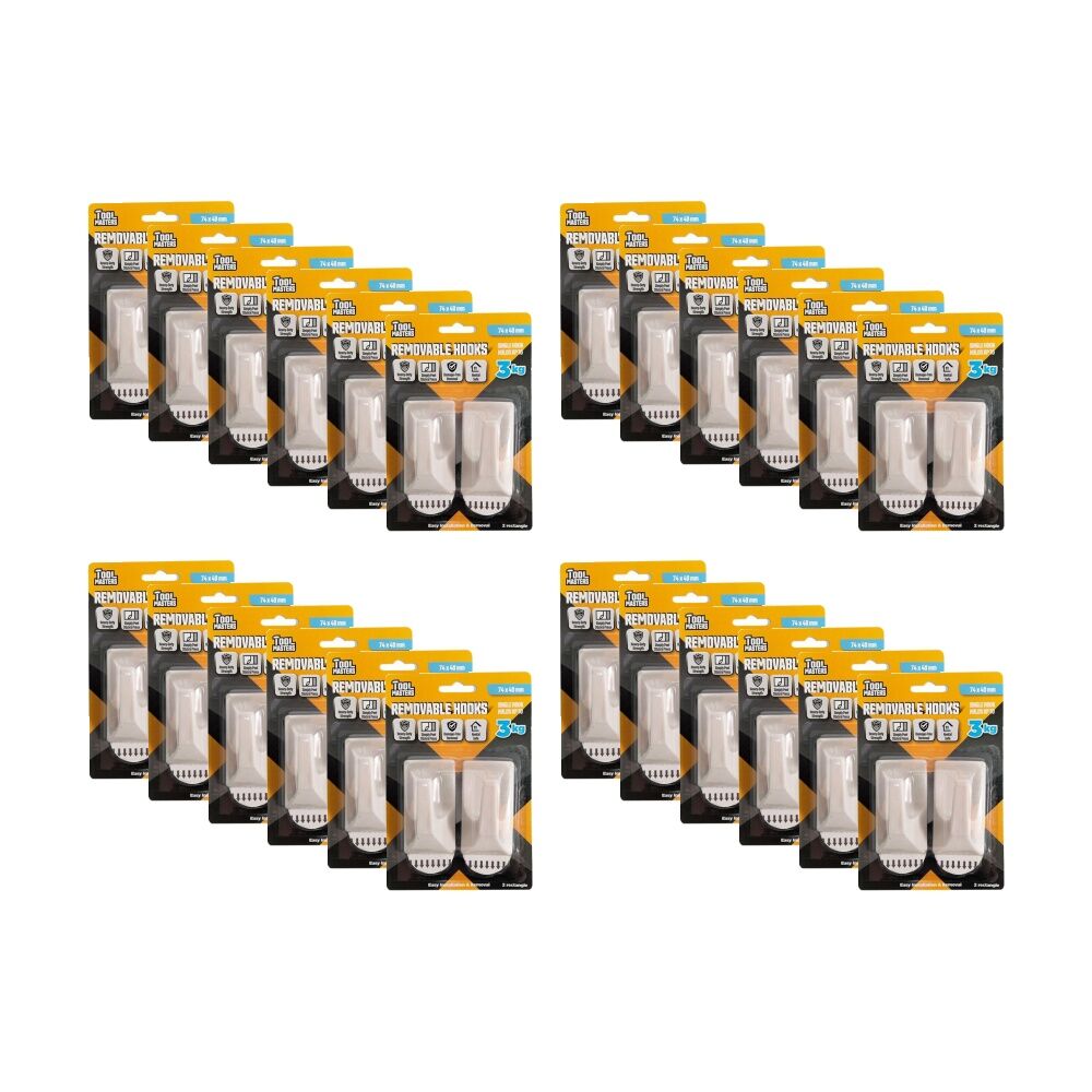 24x 2pc Tool Masters Removeable Rectangluar Hooks Set Holds 3kg 74x40mm White