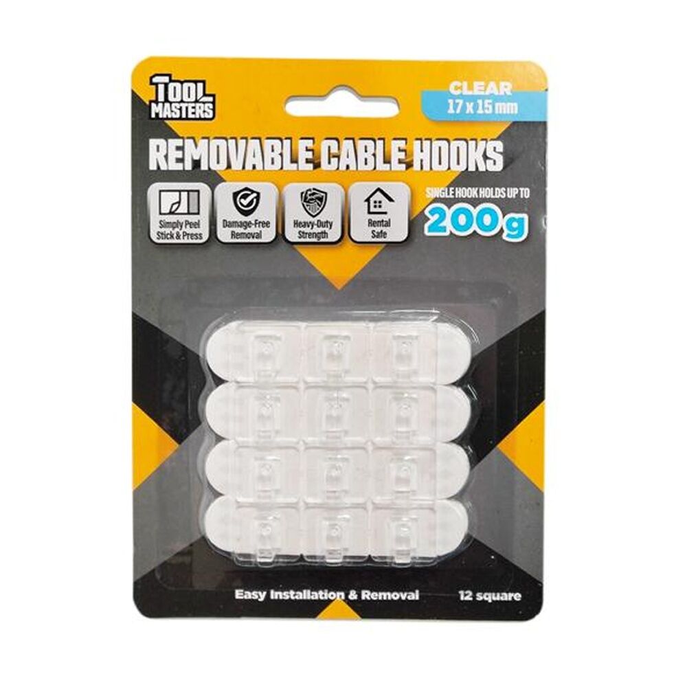 24x 12pc Tool Masters Removeable Cable Hooks Set Holds 200g 17x15mm Clear