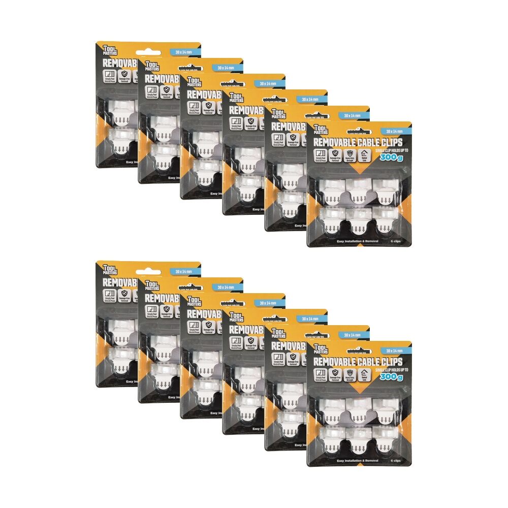12x 6pc Tool Masters Removeable Cable Clips Set Holds 300g 30x14mm White