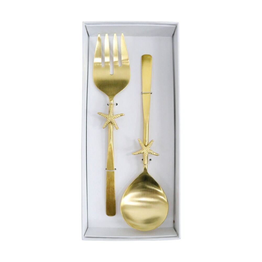 2x 2pc LVD Handcrafted Coastal Starfish Metal Salad Server Set 27cm Gold