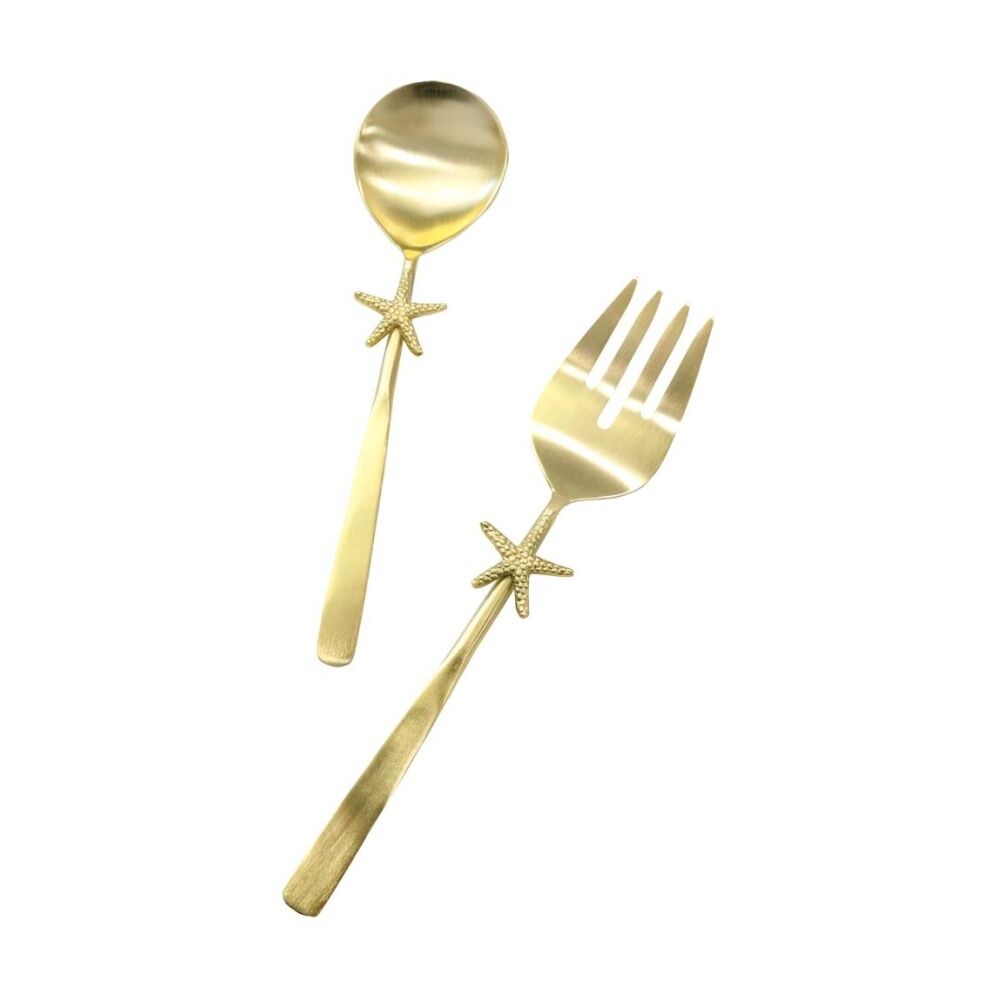 2x 2pc LVD Handcrafted Coastal Starfish Metal Salad Server Set 27cm Gold