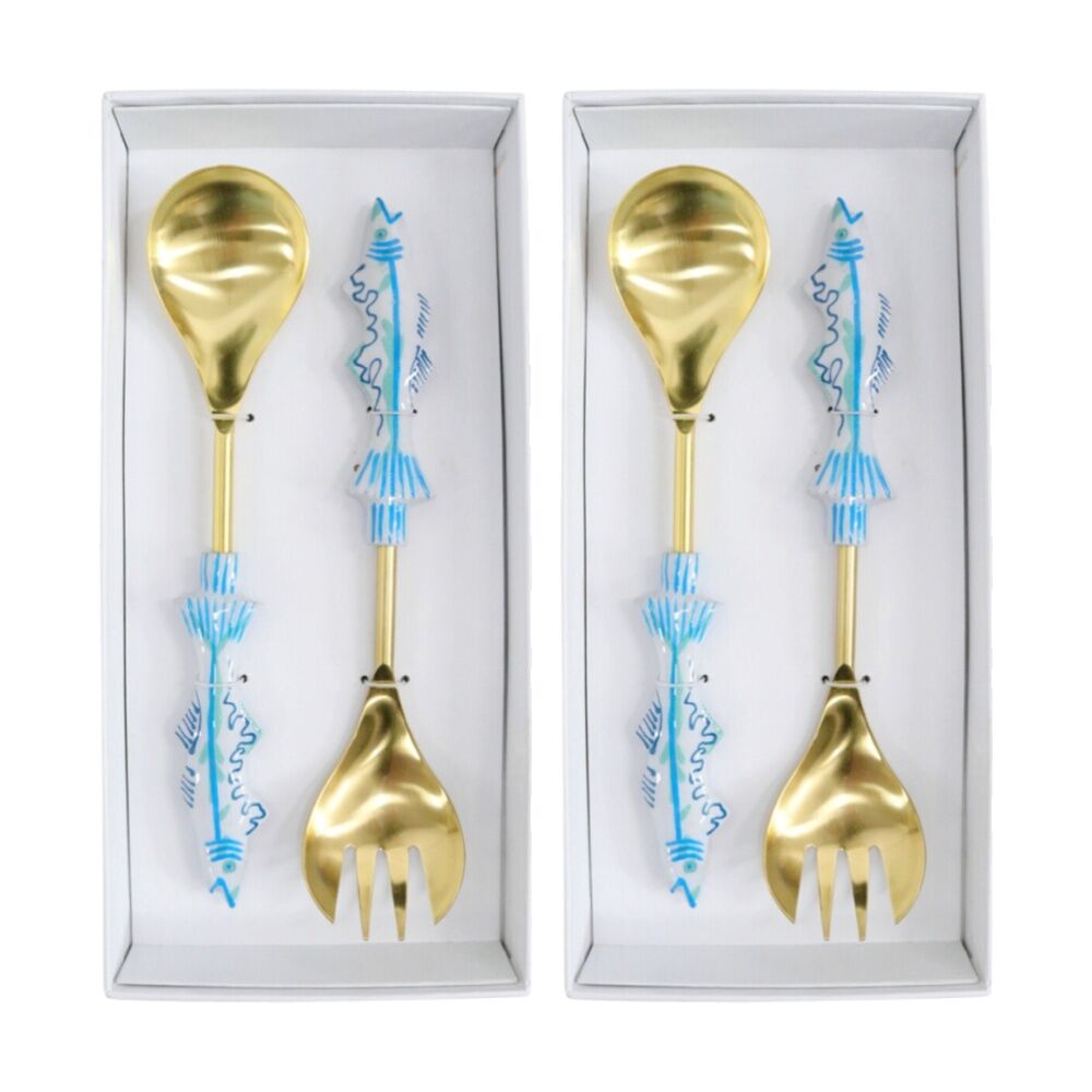 2x 2pc LVD Handcrafted Mediteranean Metal Salad Server Set 29cm Multicolour