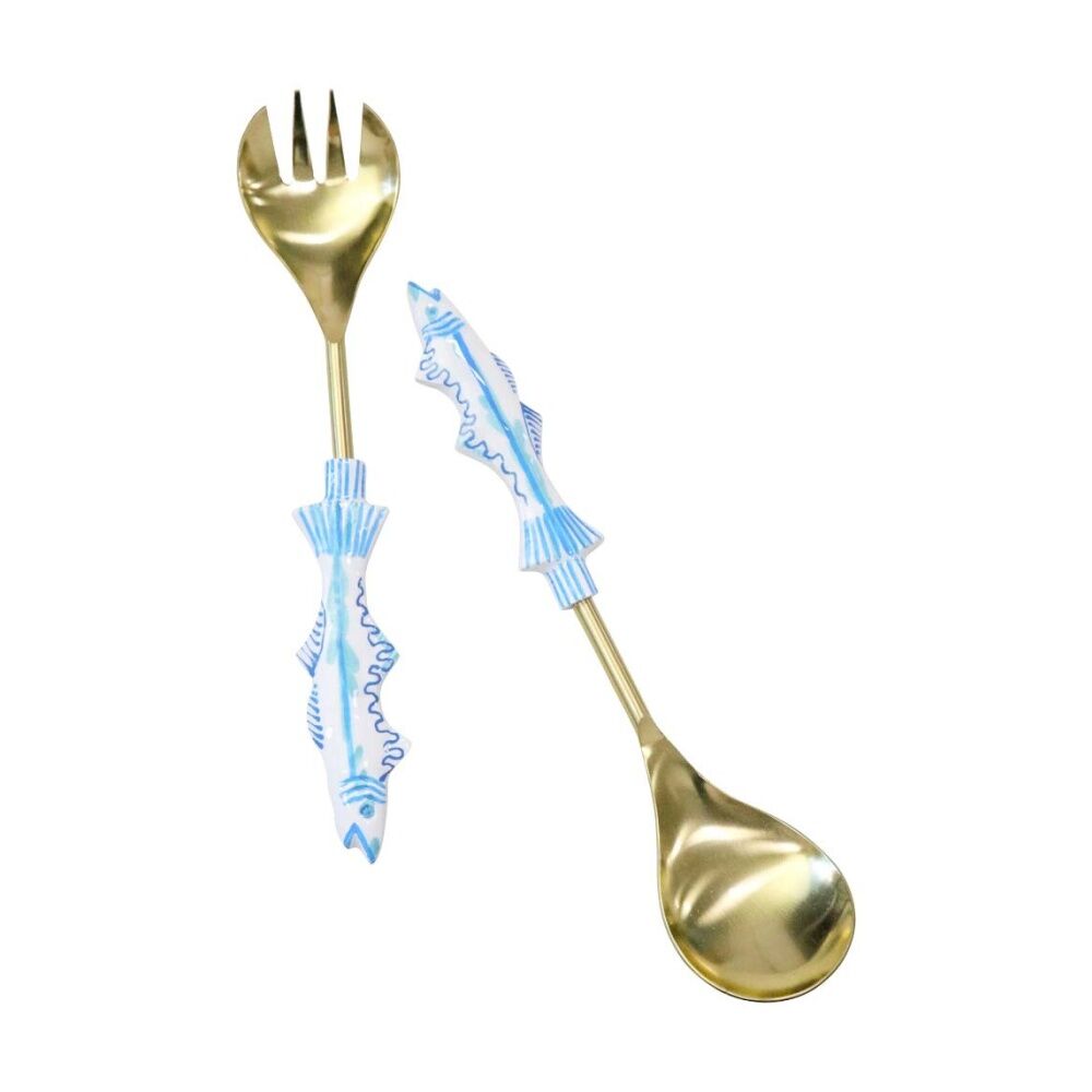 2x 2pc LVD Handcrafted Mediteranean Metal Salad Server Set 29cm Multicolour