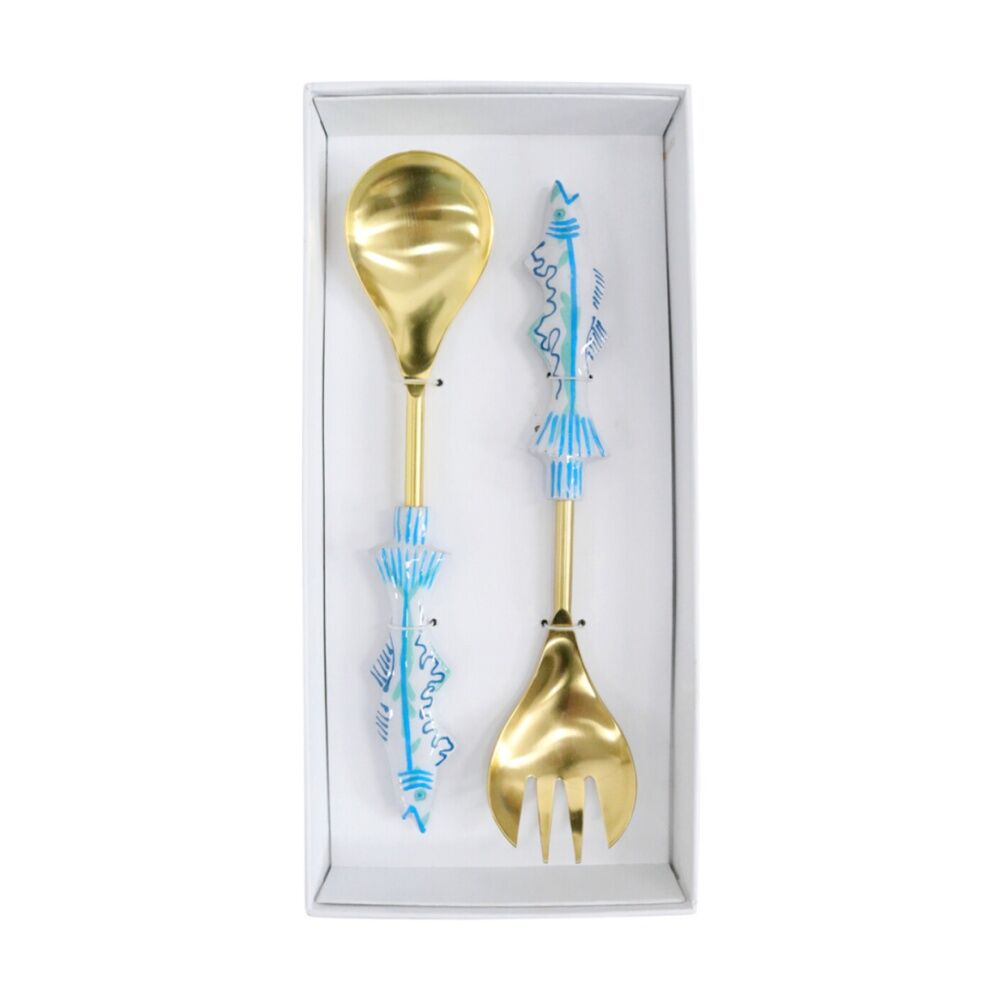 2x 2pc LVD Handcrafted Mediteranean Metal Salad Server Set 29cm Multicolour