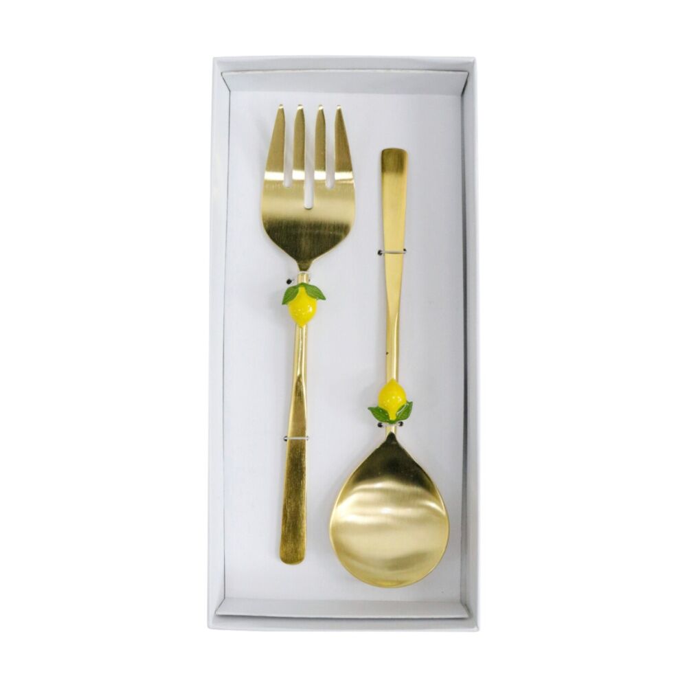 2x 2pc LVD Handcrafted Lemon Metal Salad Server Set 29cm Gold/Yellow/Green