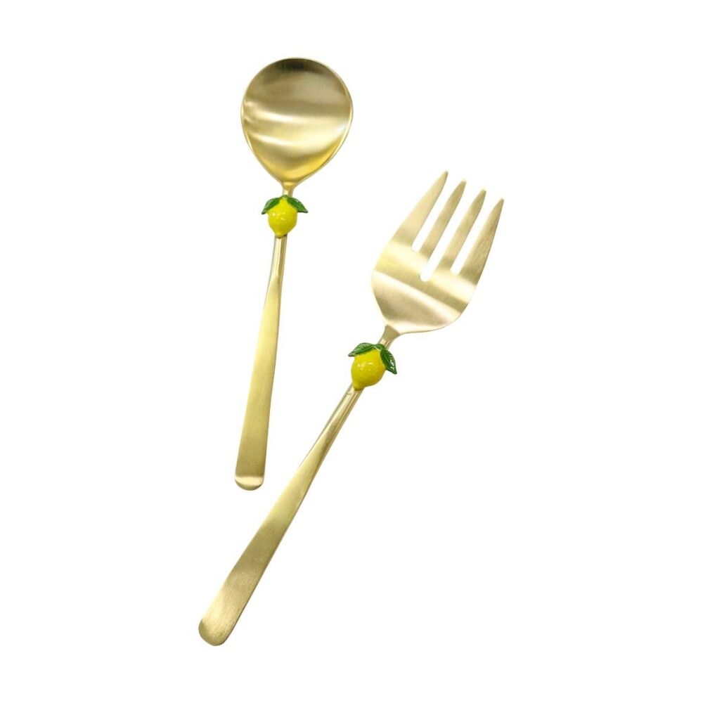 2x 2pc LVD Handcrafted Lemon Metal Salad Server Set 29cm Gold/Yellow/Green