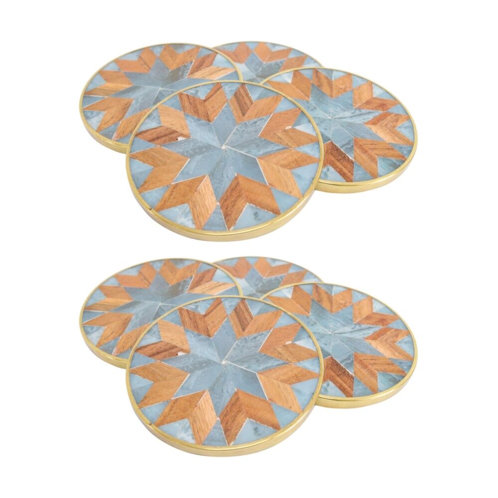 2x 4pc LVD Handcrafted Blue Marbelised Trim Metal Coaster Set Tableware 10cm
