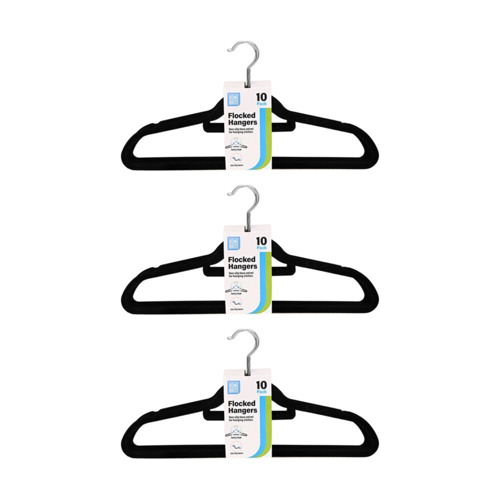 3x 10pc Braz Velvet Non-Slip Clothes Hangers W/ Metal Hook Adult Black