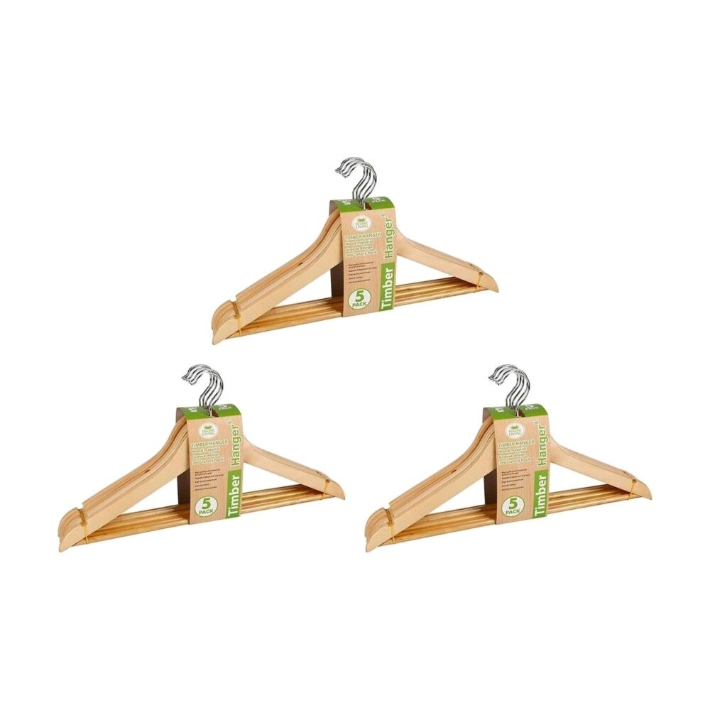 3x 5pc Braz Clothes Hangers Grooved W/ 360 Degree Rotary Hook Timber