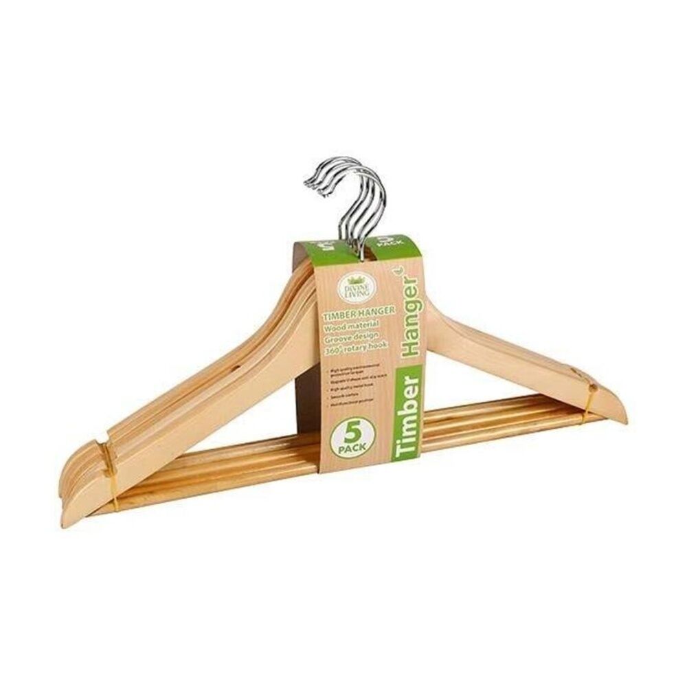 3x 5pc Braz Clothes Hangers Grooved W/ 360 Degree Rotary Hook Timber