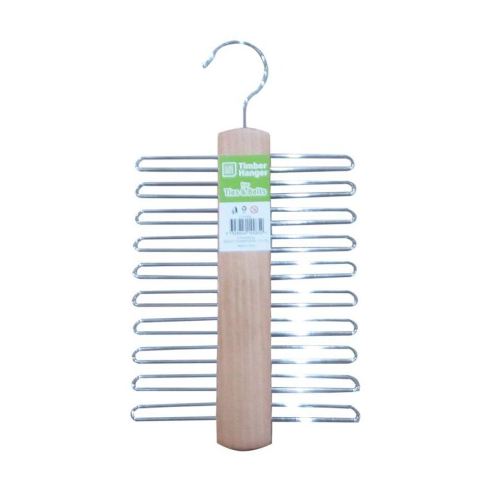 8PK Braz Tie Belt Organiser Hanger W/ Metal Tines & Hook Timber