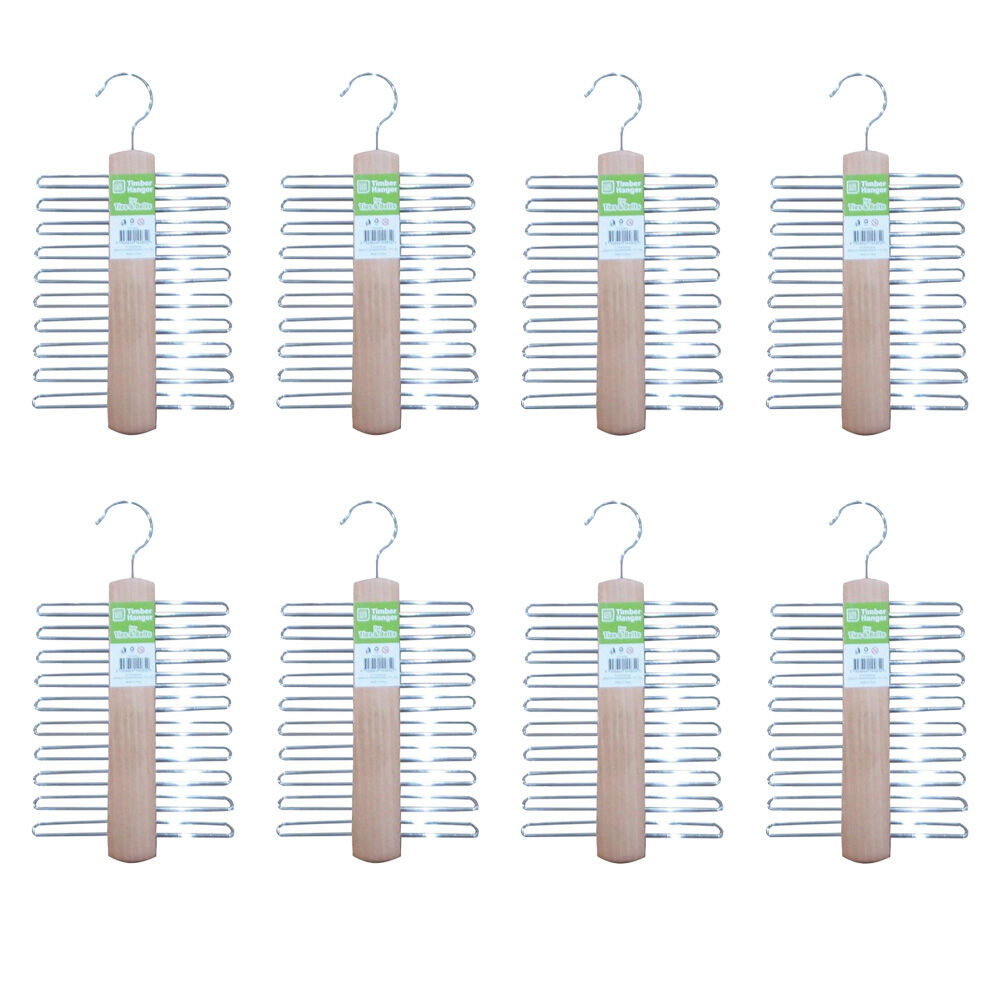 8PK Braz Tie Belt Organiser Hanger W/ Metal Tines & Hook Timber