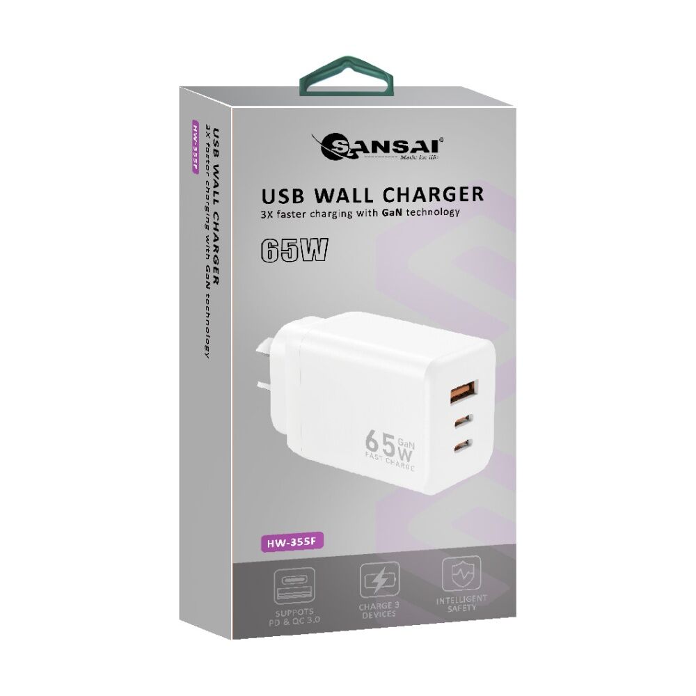 Sansai 65W GaN Charger Fast 3-Port USB-C USB-A Charging Travel Adapter