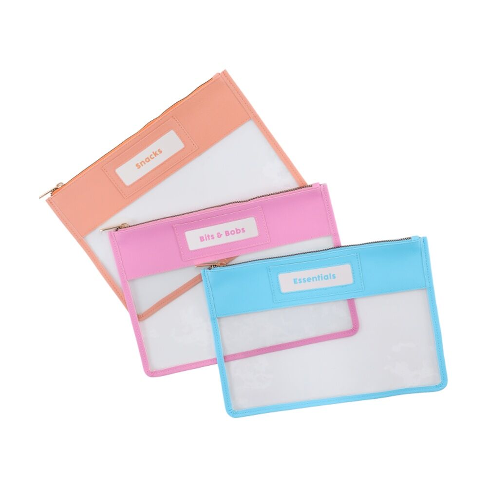 2x3pc iPack Pouch Set Clear Zip Closure Multi-Colour Travel 20.3x29.2cm