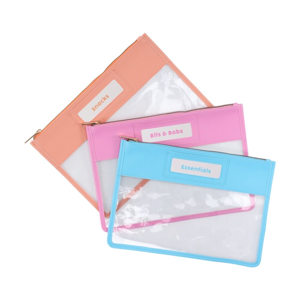 2x3pc iPack Pouch Set Clear Zip Closure Multi-Colour Travel 20.3x29.2cm