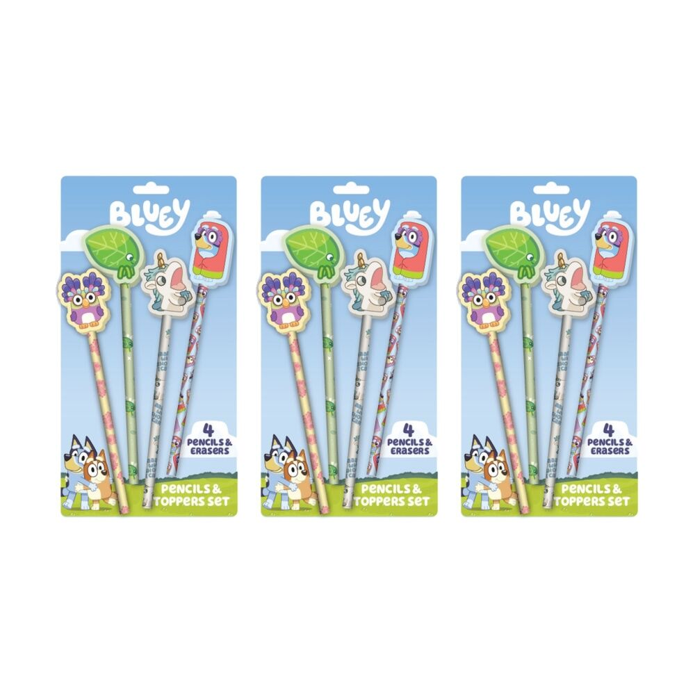 3x 4pc Bluey Premium Ersable Gel Pen Pencil & Topper Set Characters