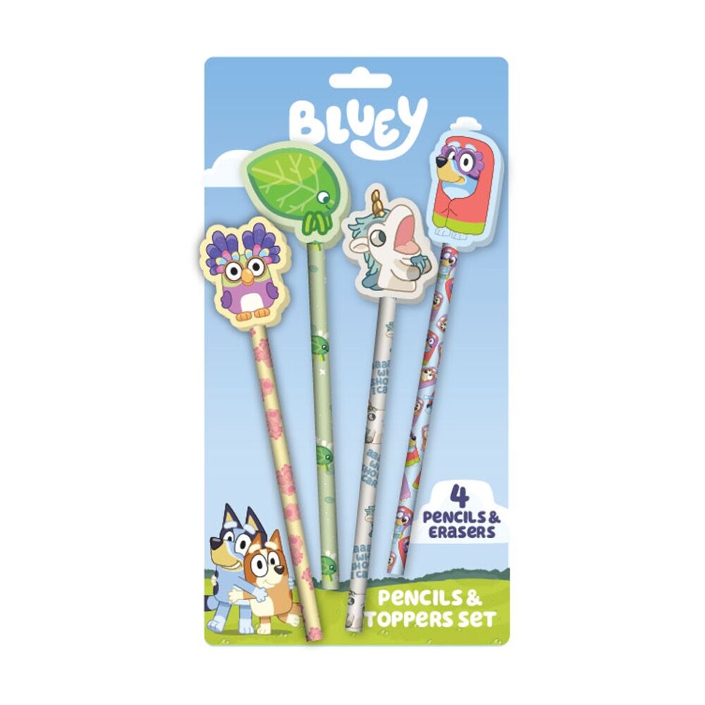 3x 4pc Bluey Premium Ersable Gel Pen Pencil & Topper Set Characters