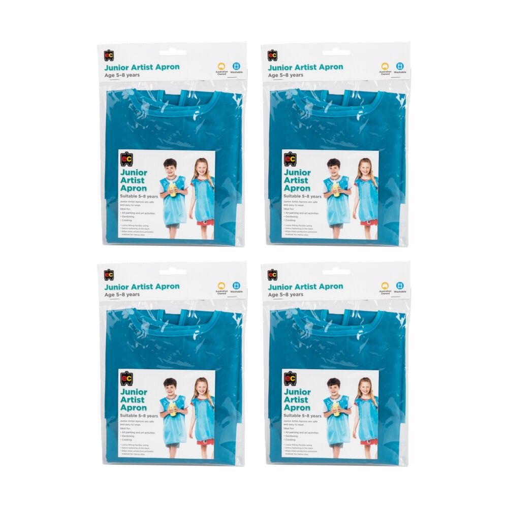 4PK Educational Colours Junior Artist Paint Kids Apron Blue 5-8y