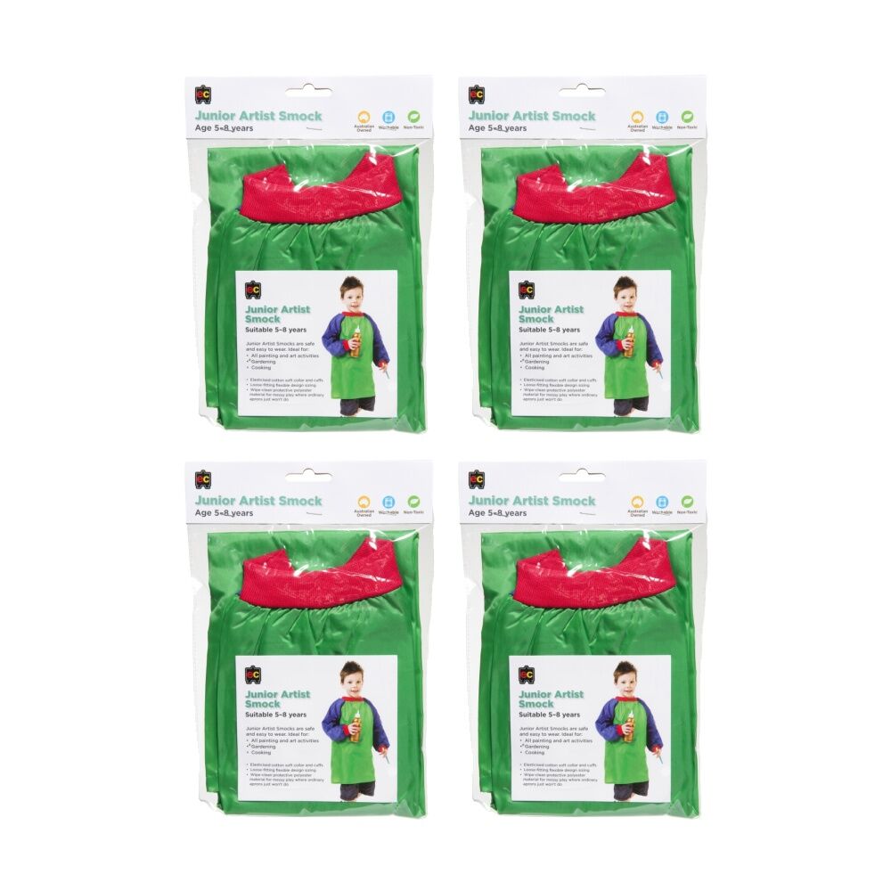 4PK Educational Colours Junior Artist Paint Smock Apron Green & Blue 5-8y