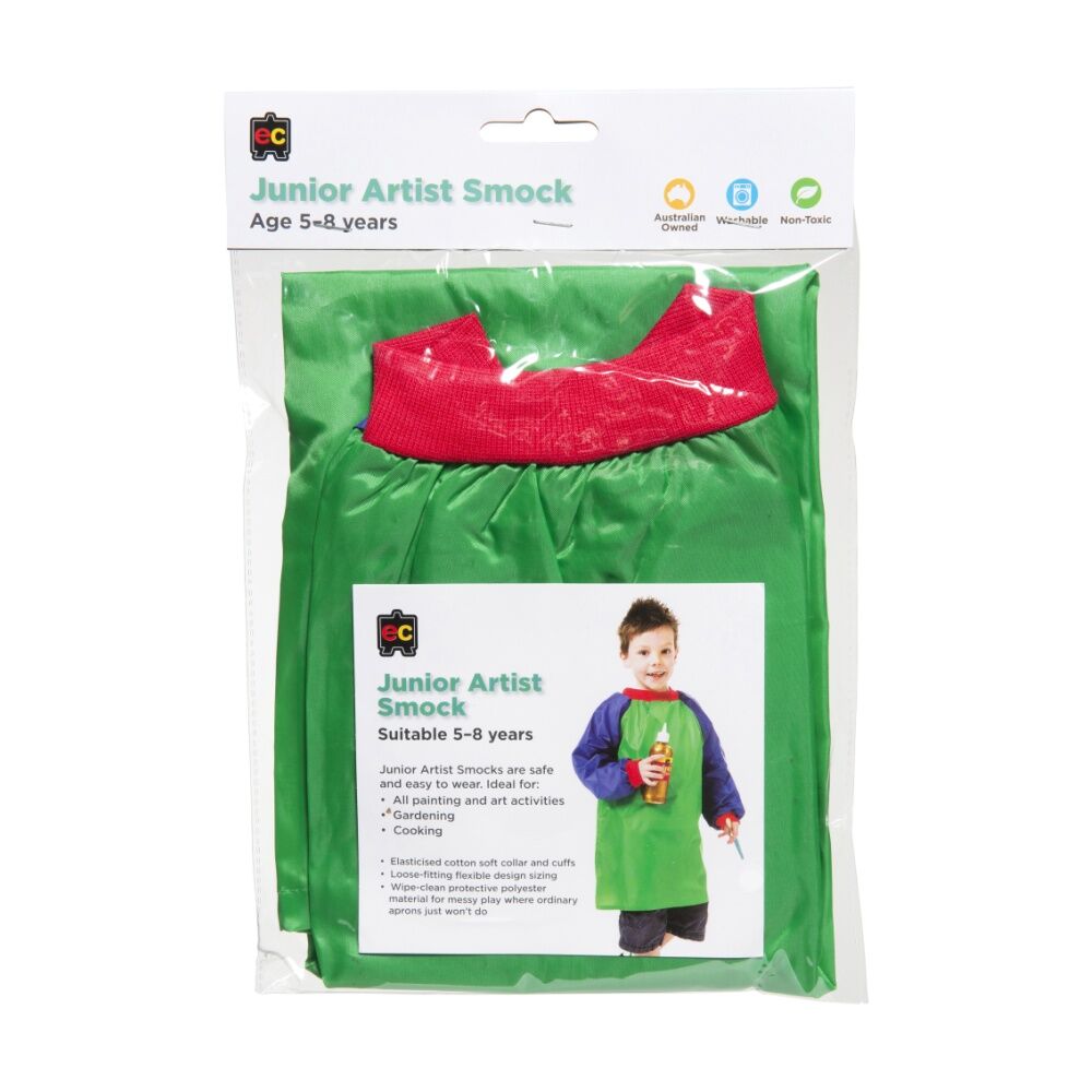 4PK Educational Colours Junior Artist Paint Smock Apron Green & Blue 5-8y