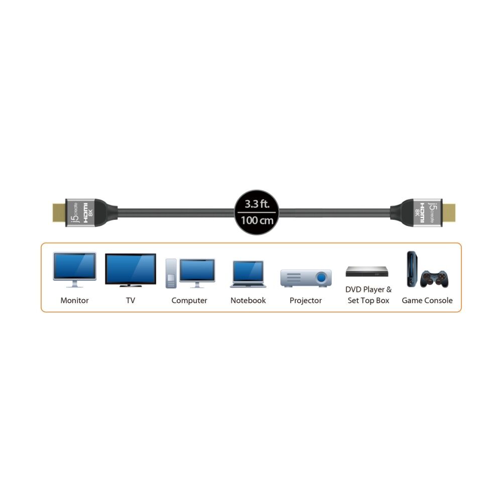 2PK J5Create UHD 8K HDMI Ultra High Speed Performance Gaming Cable Gold 1m