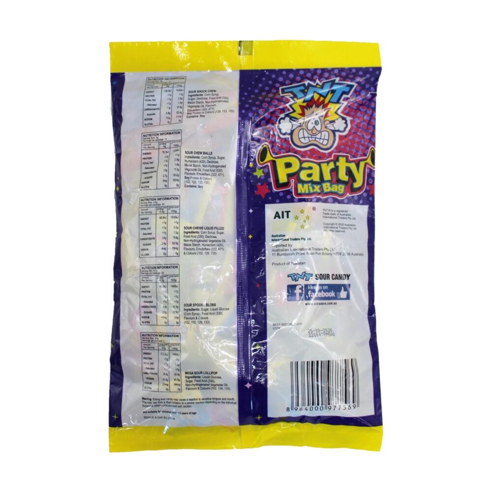 6PK TNT Party Mix 500g Fruit Flavour Chewy Sour Lollies/Gummies