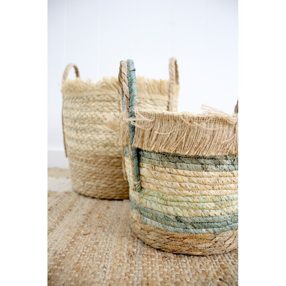 3pc LVD Amazon Woven Storage Basket Set Sml/Med/Lge W/ Handles Green/Teal/Beige