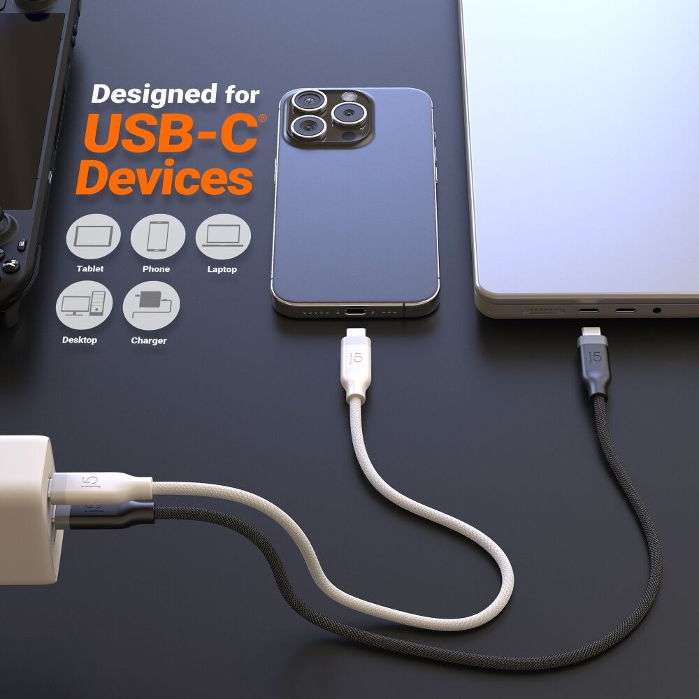 2PK J5Create PD USB-C 3-in-1 Fast Data Transfer & Charging Cable Braided 1.2m