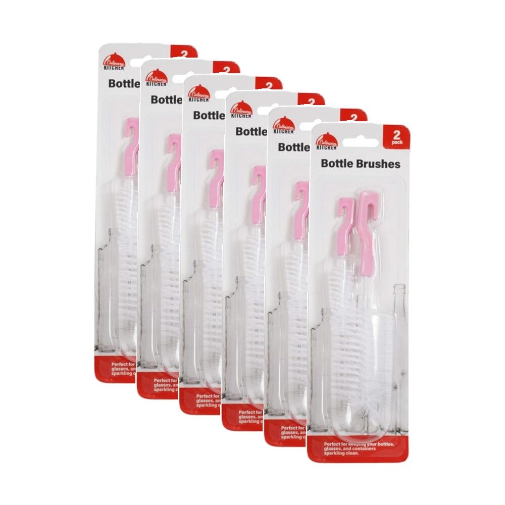 6x 2pc Braz Bottle Cleaning Brush Set W/ Hanging Hook 32cm White/Pink