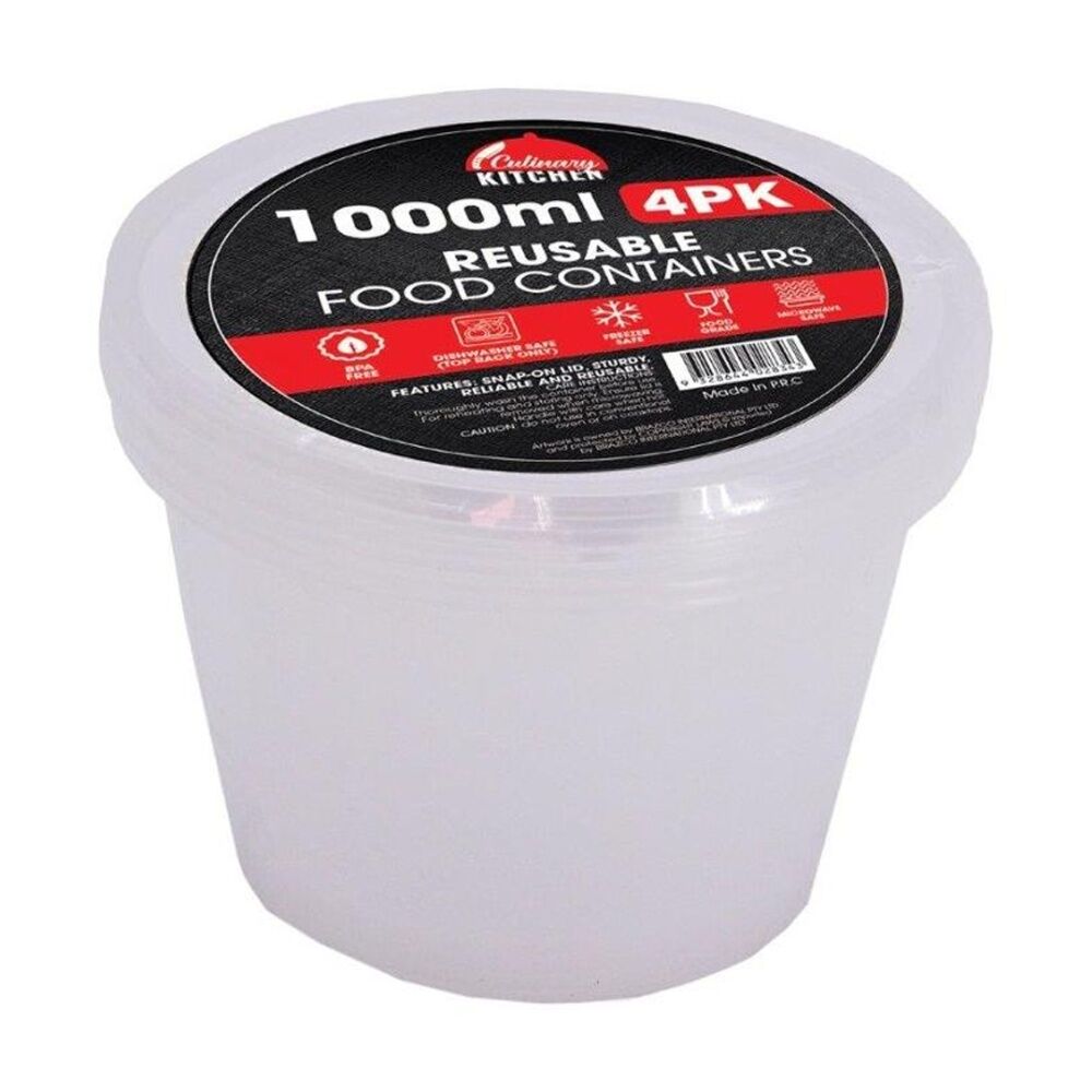12x 4pc Braz Reusable Round Food Storage Containers W/ Lids 1000ml Clear