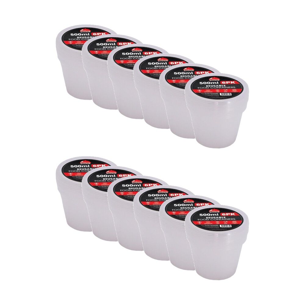 12x 6pc Braz Reusable Round Food Storage Containers W/ Lids 500ml Clear
