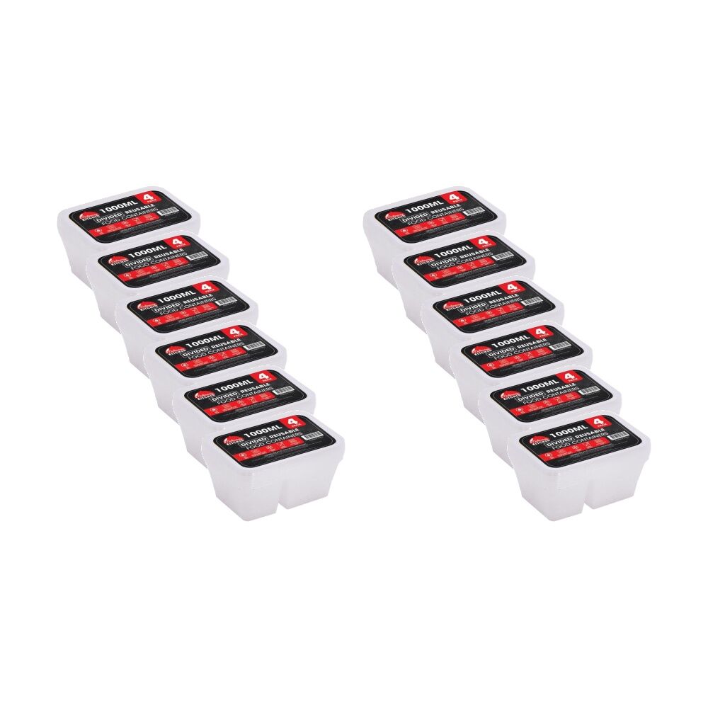 12x 4pc Braz Reusable Rectangular Divided Food Storage Containers W/ Lids 1000ml