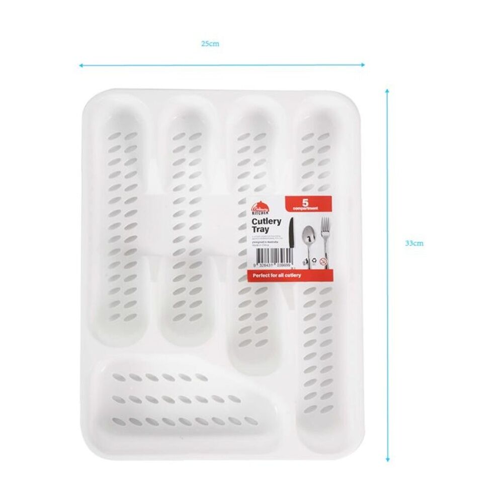 Culinary Kitchen 5 Compartment Plastic Cutlery Storage Tray 25x33cm White