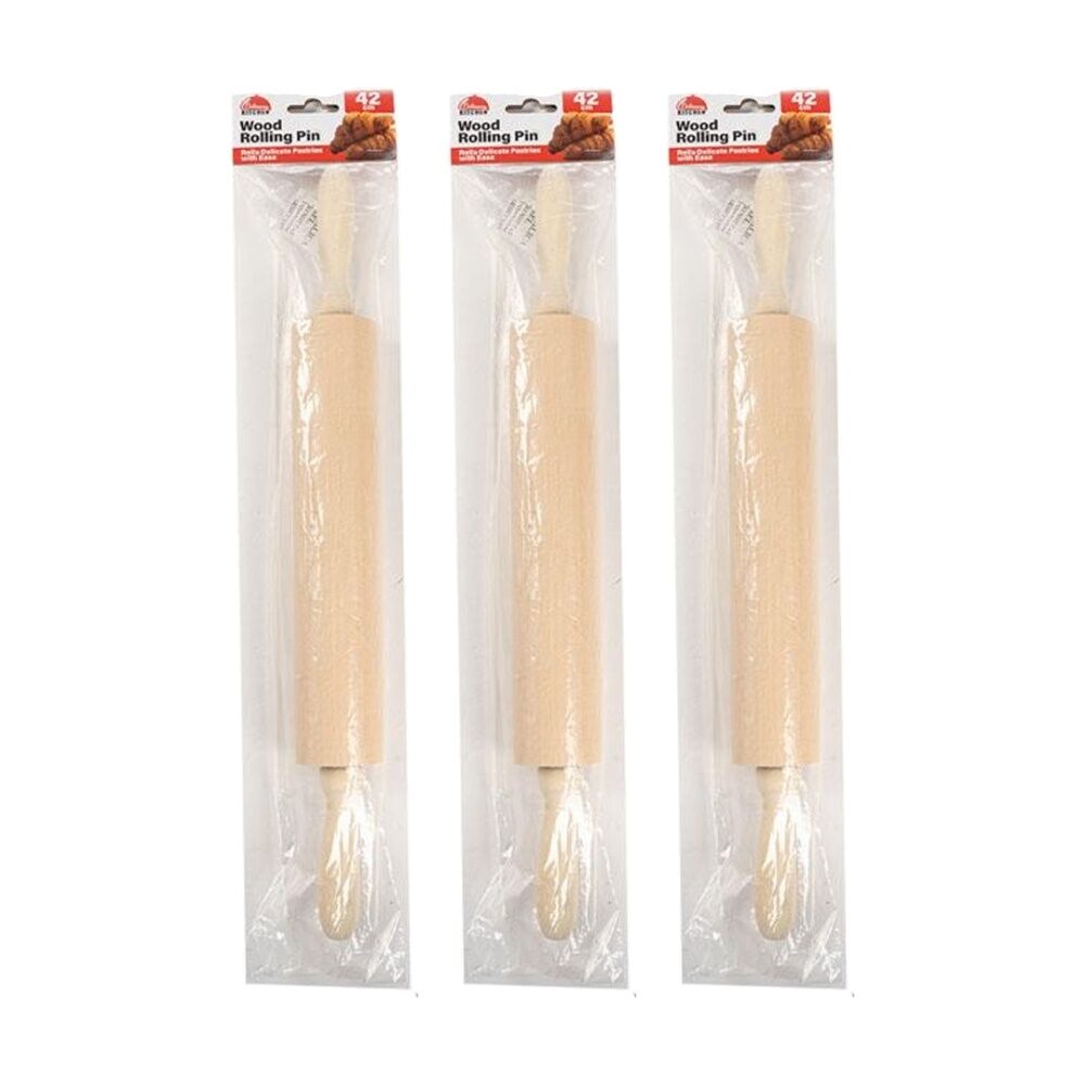 3PK Culinary Kitchen Wooden Rolling Pin W/ Handles Pastry Baking Tool 42cm