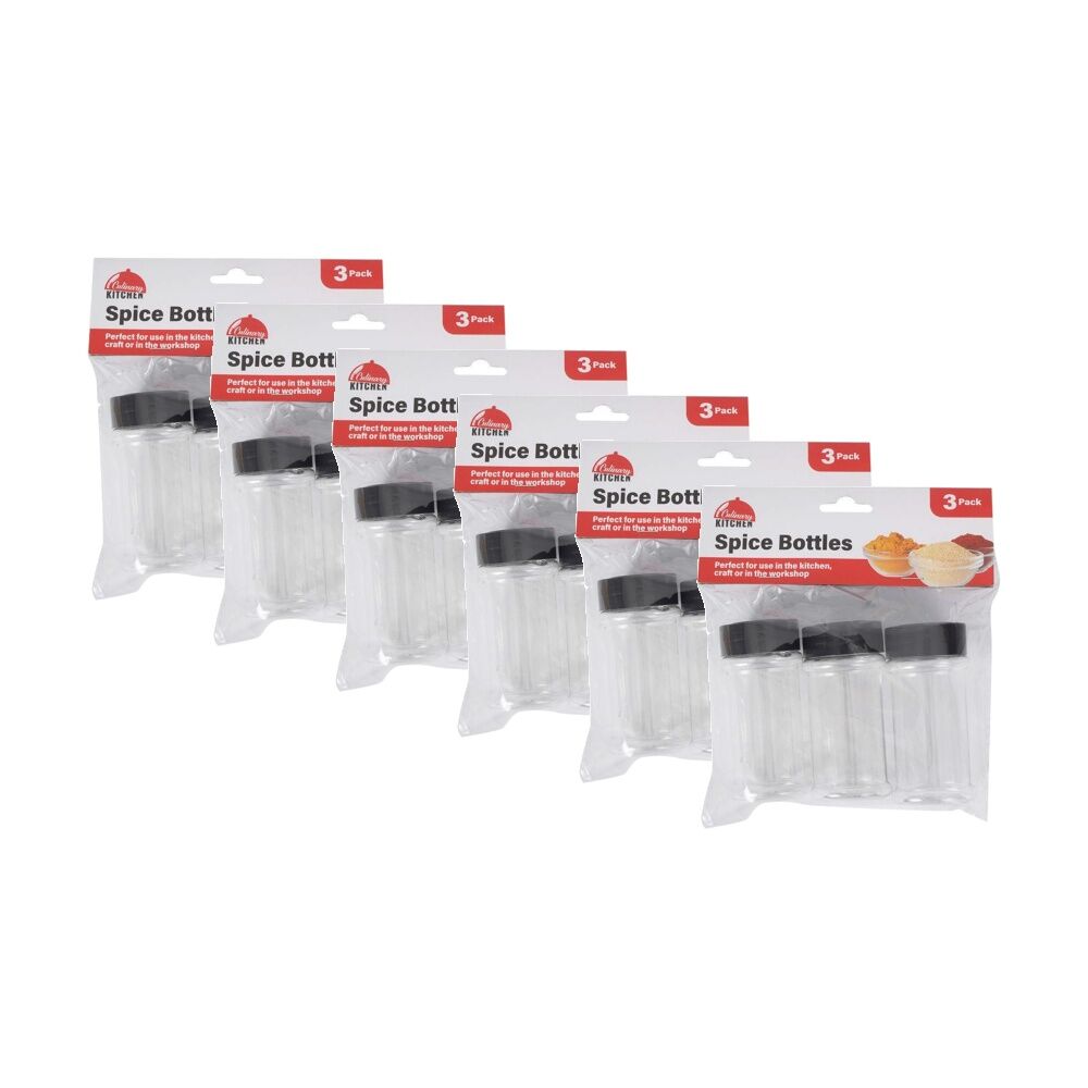 6x 3pc Culinary Kitchen Plastic Spice Bottles W/ Screw-On Lids 9.5cm Clear