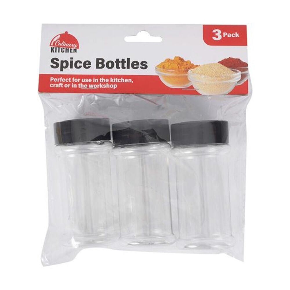 6x 3pc Culinary Kitchen Plastic Spice Bottles W/ Screw-On Lids 9.5cm Clear
