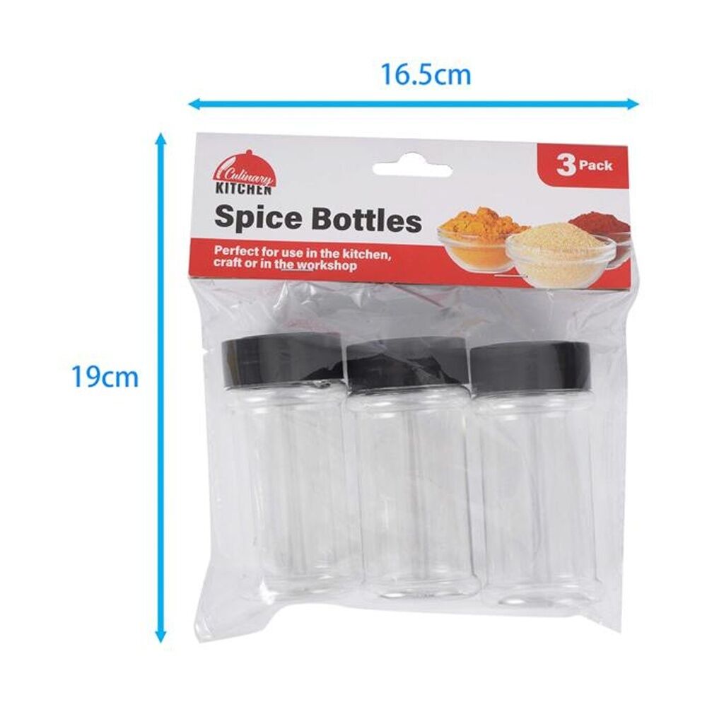 6x 3pc Culinary Kitchen Plastic Spice Bottles W/ Screw-On Lids 9.5cm Clear