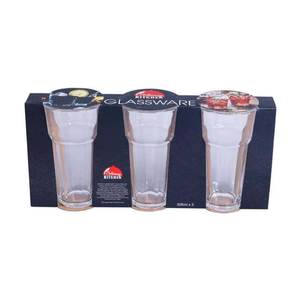 4x 3pc Culinary Kitchen Drinking Glass Tumblers W/ Vertical Ridges 325ml Clear