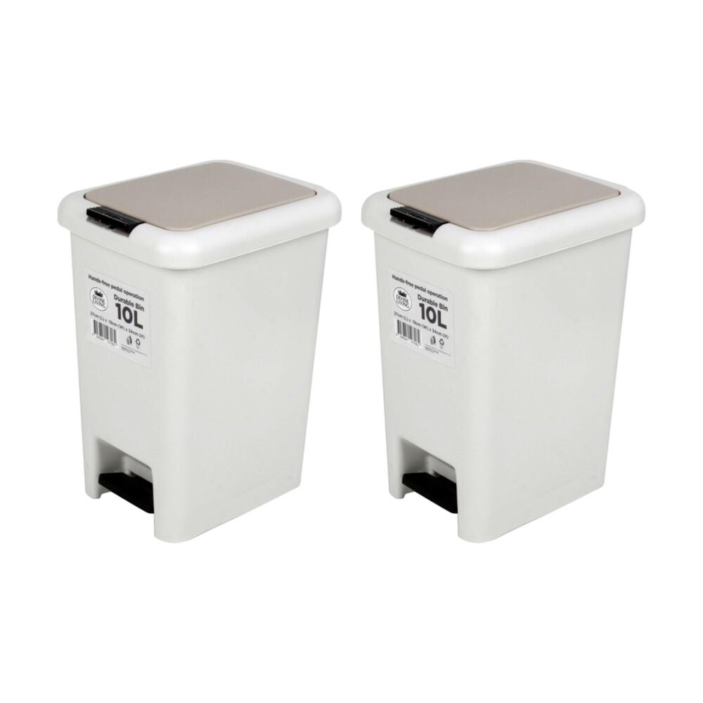 2PK Braz Pedal Top Foot Operated Plastic Bin /W Beige Lid 10L White